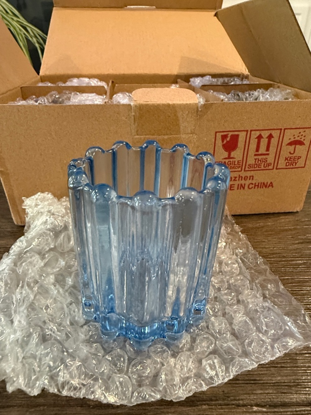 Set of 6 - New Blue Ribbed Glass Votive Holder
